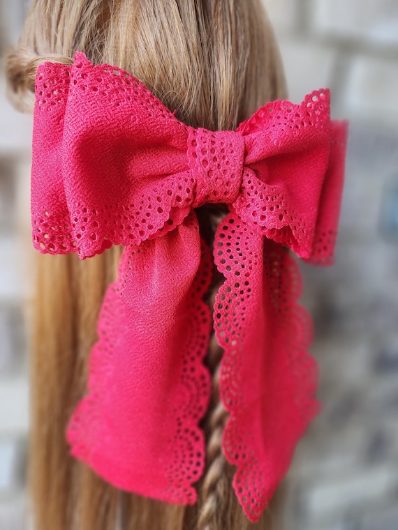 Red Scalloped Edge Hair Bow: Holiday Bow for Teens & Women