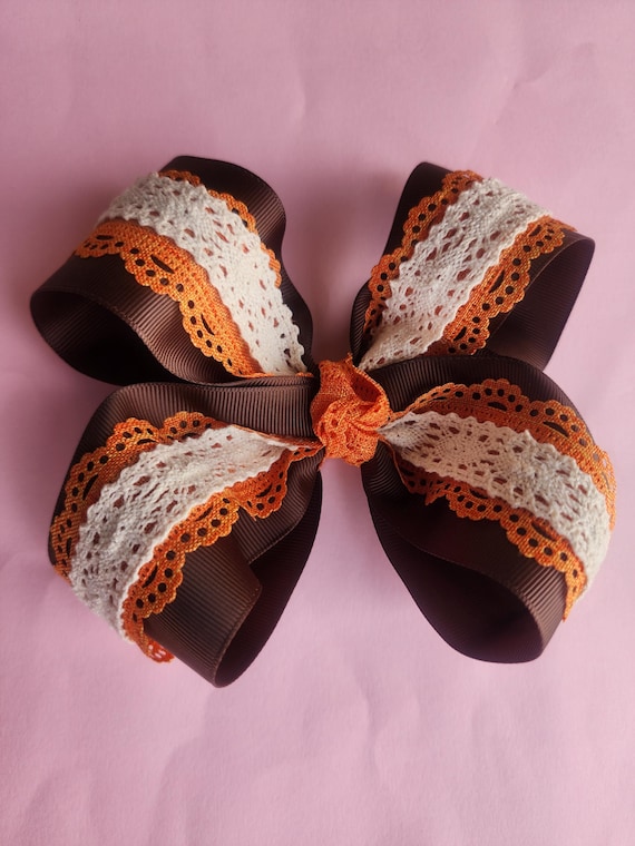 Extra Large Grosgrain Hair Bow: Scalloped Canvas, Lace Topped - 8 Inch