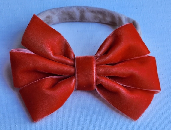 Orange Velvet Bow Nylon Headband: Newborn to 4 Years