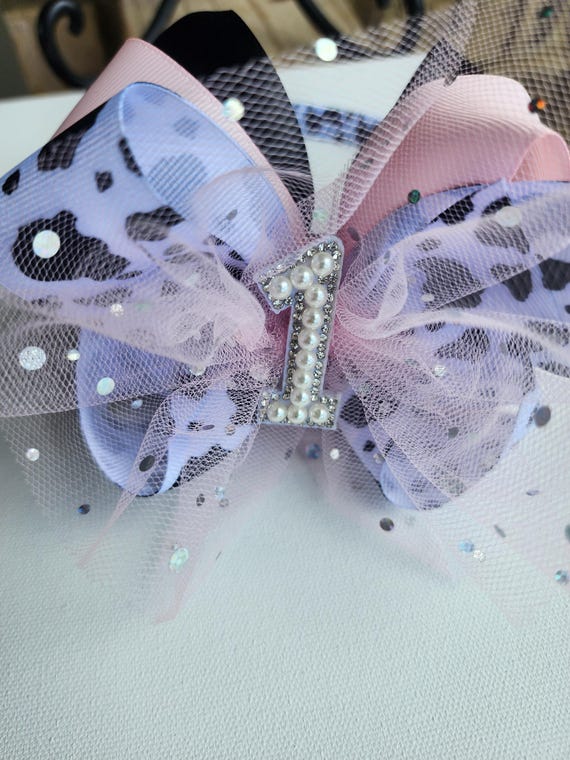 Cow Print Birthday Headband: Pink Boutique Bow & Beaded Number