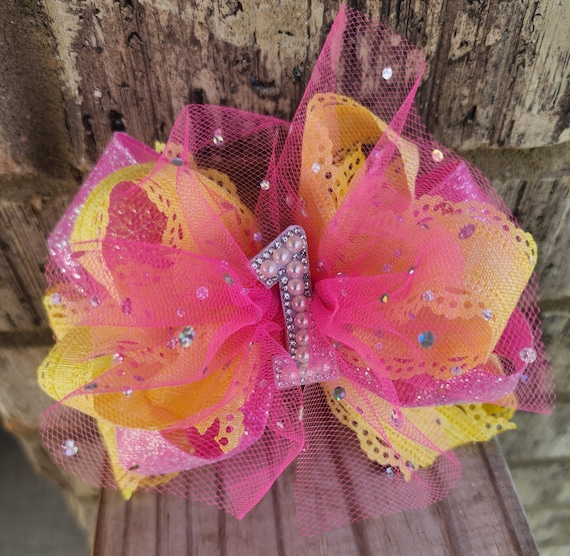 First Birthday Bow & Beaded Bracelet Set: Sparkle Tulle, Boutique Hair Accessory