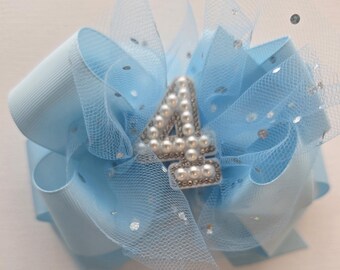 Light Blue Birthday Bow Headband: Number 4, Pearl Detail