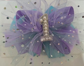 First Birthday Bow: 6-Inch Layered Bow on a nylon headband-orchid and light turquoise