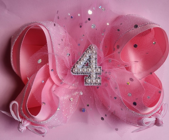 Extra Large Birthday Bow: Layered Boutique Hair Clip with Bling Number