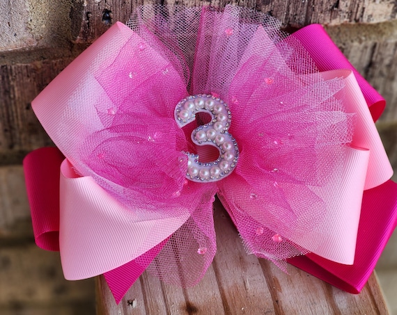 Extra Large Birthday Hair Bow: Pink Bling Number, Boutique Style
