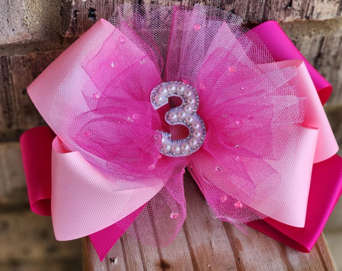 Featured listing image: Extra Large Birthday Hair Bow: Pink Bling Number, Boutique Style
