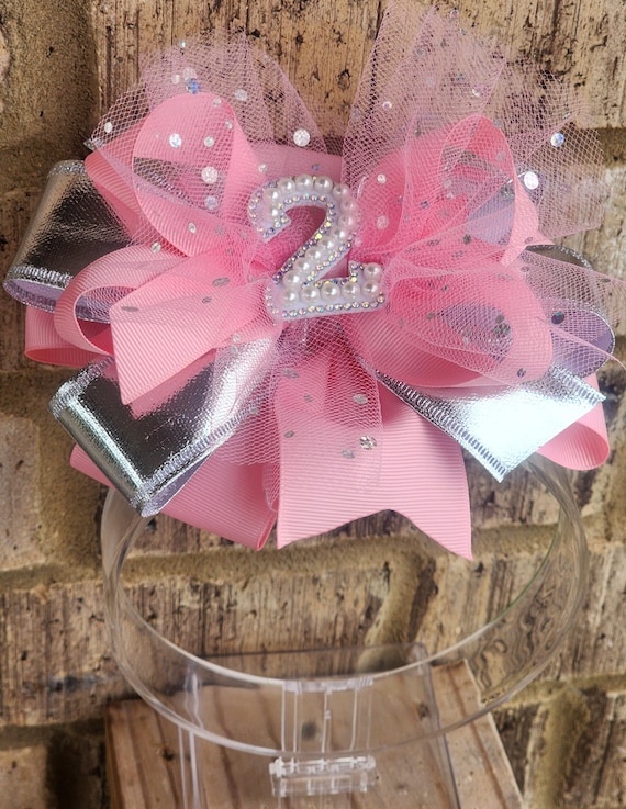 Pink and silver birthday bow- 6 inch or 8 inch