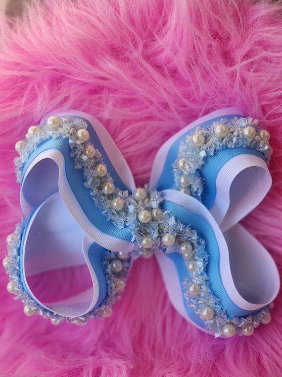 Light Blue Layered Boutique Hair Bow: Pearl Bead Accent, 8 Inch