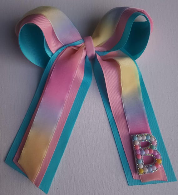 Pastel rainbow  Velvet luxe long  bow with colorful bead initial