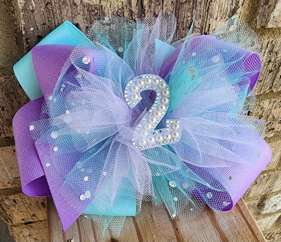 Extra Large Mermaid Birthday Hair Bow with Bling Number (8 inch)