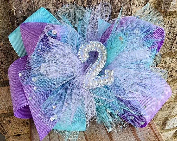 Featured listing image: Extra Large Mermaid Birthday Hair Bow with Bling Number (8 inch)