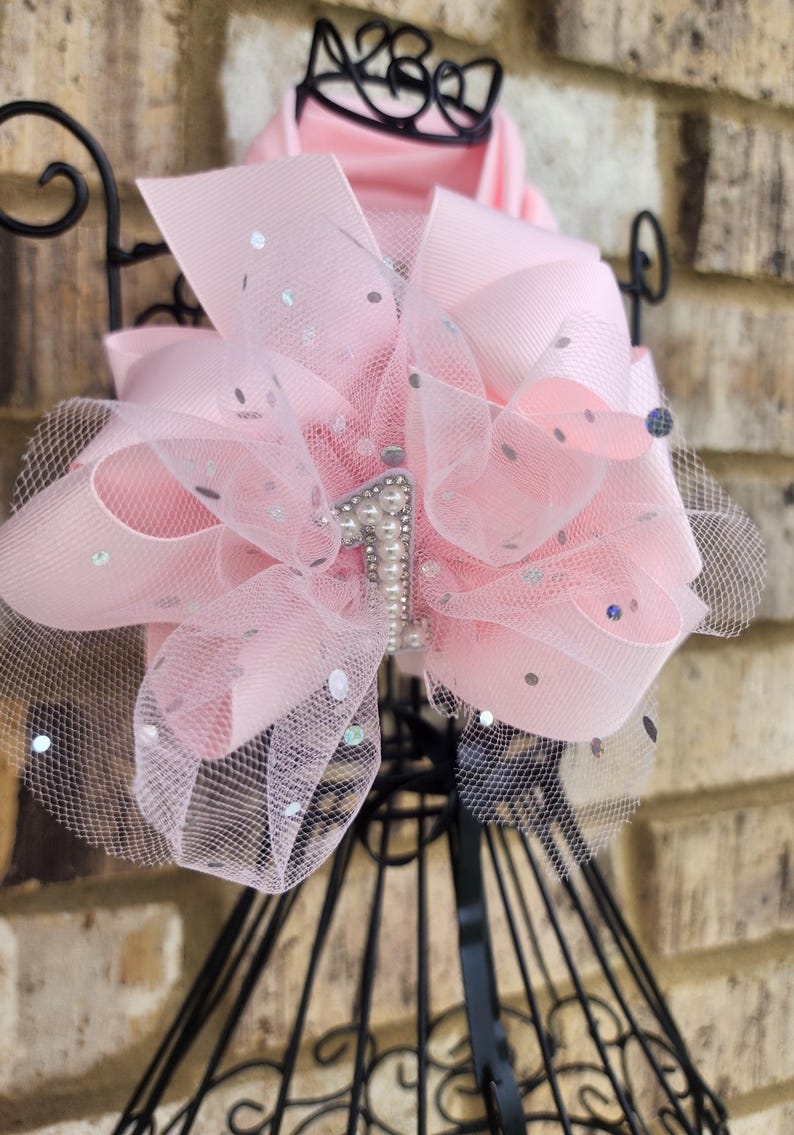 First Birthday Bow: 6-Inch Layered Bow on a nylon headband image 5