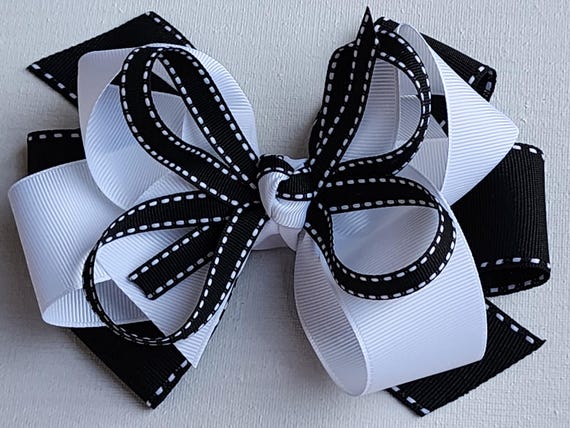 Large black and white boutique hair bow with three layers~ hair clip