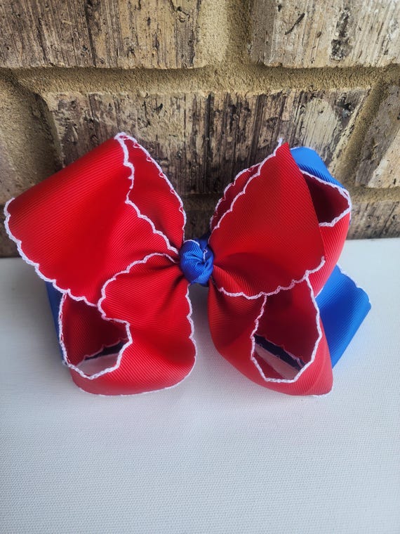 Extra Large Handmade Hair Bow: Red & Royal Blue Moonstitch, 8 Inch