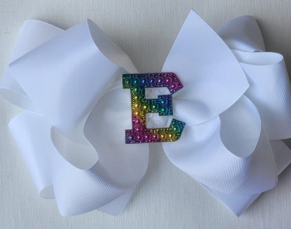 Extra Large White Hair Bow: Beaded Initial Bling, 8 Inch