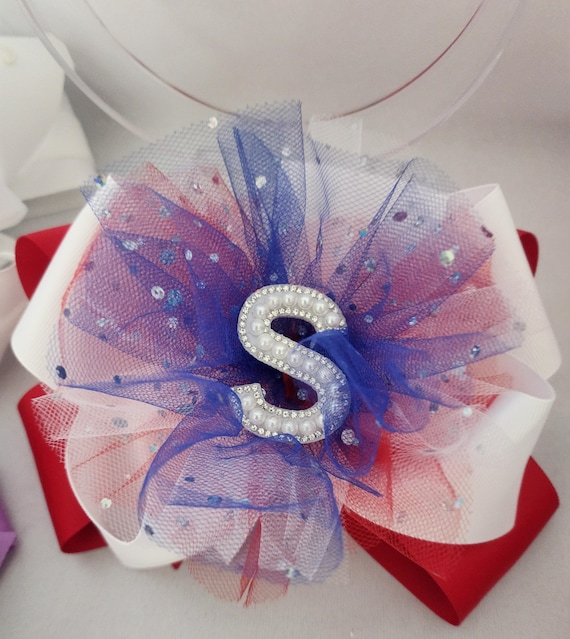 Extra Large 4th of July Bow: Red, White & Blue Sparkle Tulle, Initial