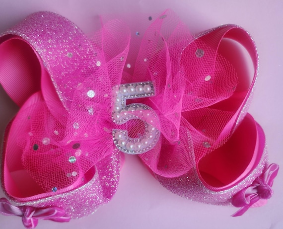 Extra Large Birthday Bow: Layered Boutique Hair Clip with Bling Number