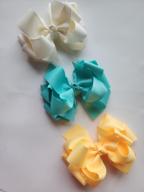 Triple Layer Hair Bow Set: Cream, Turquoise, Buttercream (6 Inch)