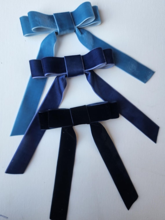 Velvet Bow Set of 3: Luxe Hair Bows with Tails - French Blue, Navy