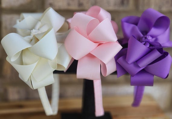Set of three grosgrain ribbon wrapped headbands with large triple boutique hair bow