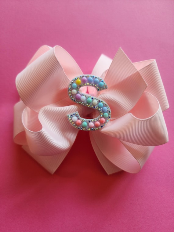 Light Pink Boutique Hair Bow: Beaded Initial, 6 Inch