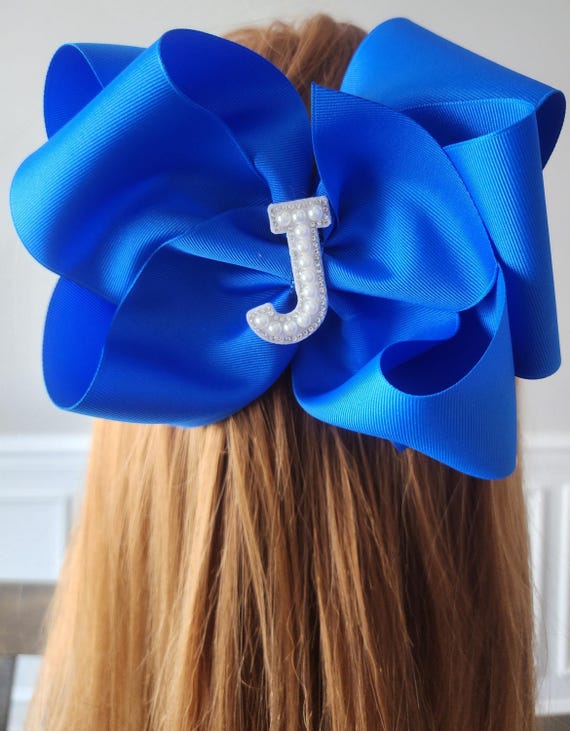 Extra Large Royal Blue Hair Bow: Beaded Initial Bling - 8 Inch