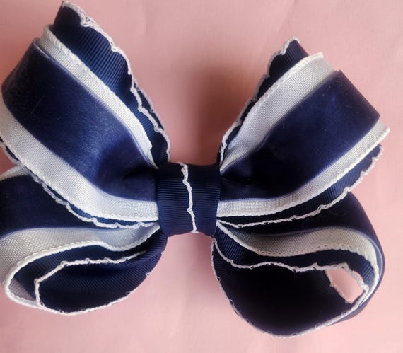 8 inch classic hairbow- triple layer boutique hair bow~ 8 inch bow in navy and white layers of velvet, linen and grosgrain ribbon