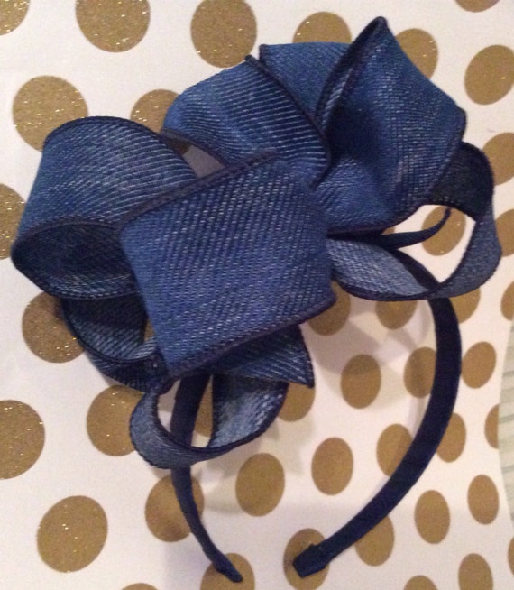 6 inch double denim hair bow on a headband~ original design- Beauty n bows....