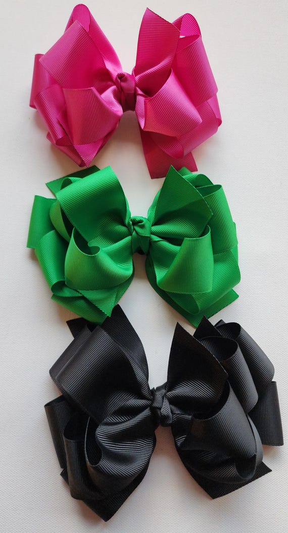 Triple Layer Hair Bow Set: Fuchsia, Emerald, Black 6" Ribbon Bows