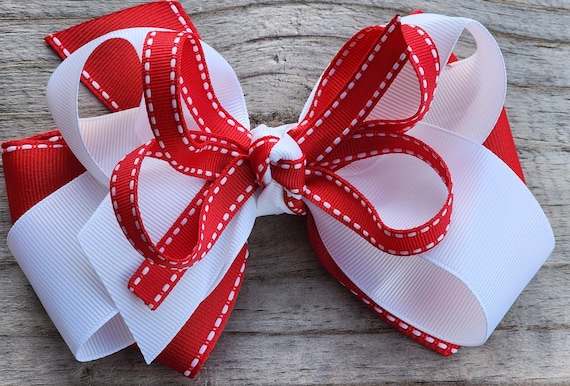 6 inch red and white boutique hair bow with three layers~ hair clip