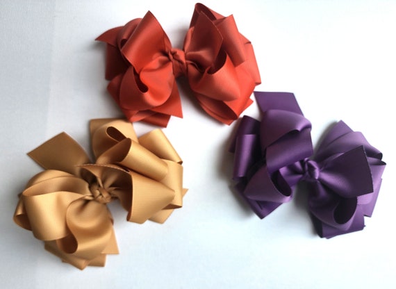 Triple Layer Hair Bow Set: Burnt Orange, Gold, Amethyst (6 Inch)