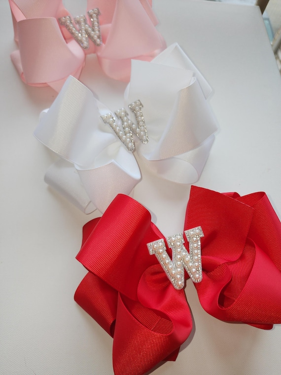 Set of three extra large double boutique hairbows with bling initial- 8 inch bows- red, white and pink