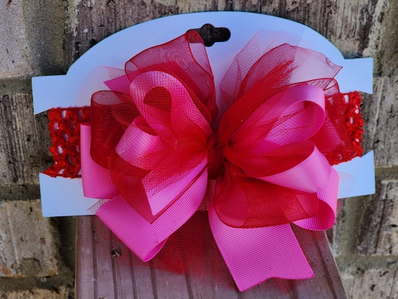 Large Red & Hot Pink Hair Bow on Crochet Headband