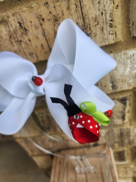 Large white bow with ladybug accents- hand sculptured ladybug