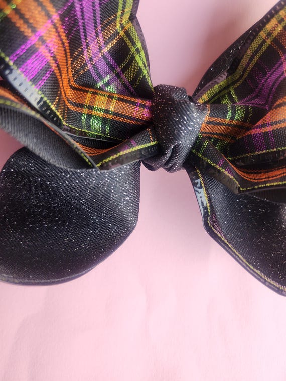 Extra Large Plaid Halloween Hair Bow with Black Glitter
