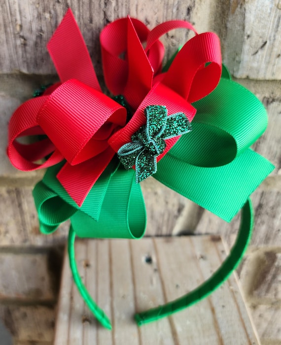 Specialty headband with large four layer bow- Red and emerald green