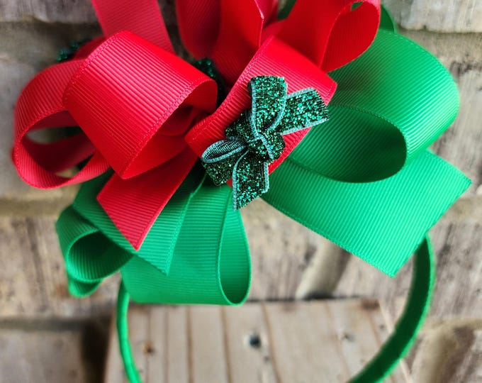 Featured listing image: Red and Emerald Green Grosgrain Bow Headband