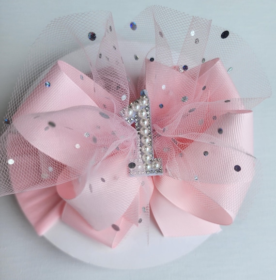 First birthday bow on a wide nylon headband -6 inch four layer bow
