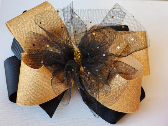 Extra Large triple layer bow in black and gold,  topped with sparkle tulle