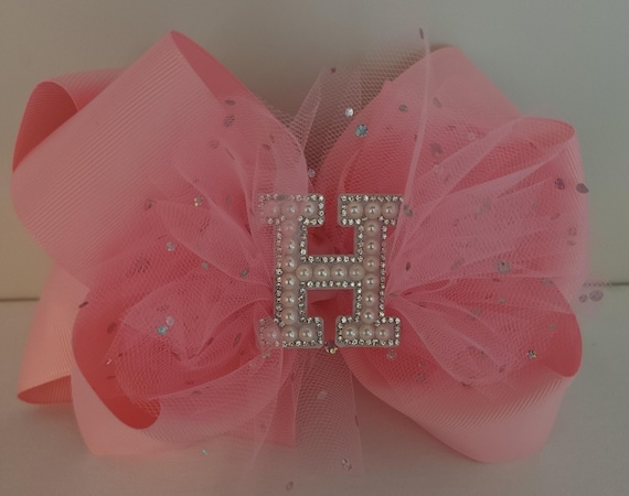 Extra Large Birthday Bow: Sequin Tulle, Initial Charm, 8-Inch