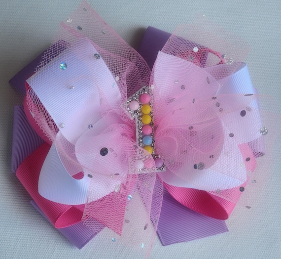 Birthday Bow!!! birthday hair bow with bling number- pastel colors- 6 inch layered bow