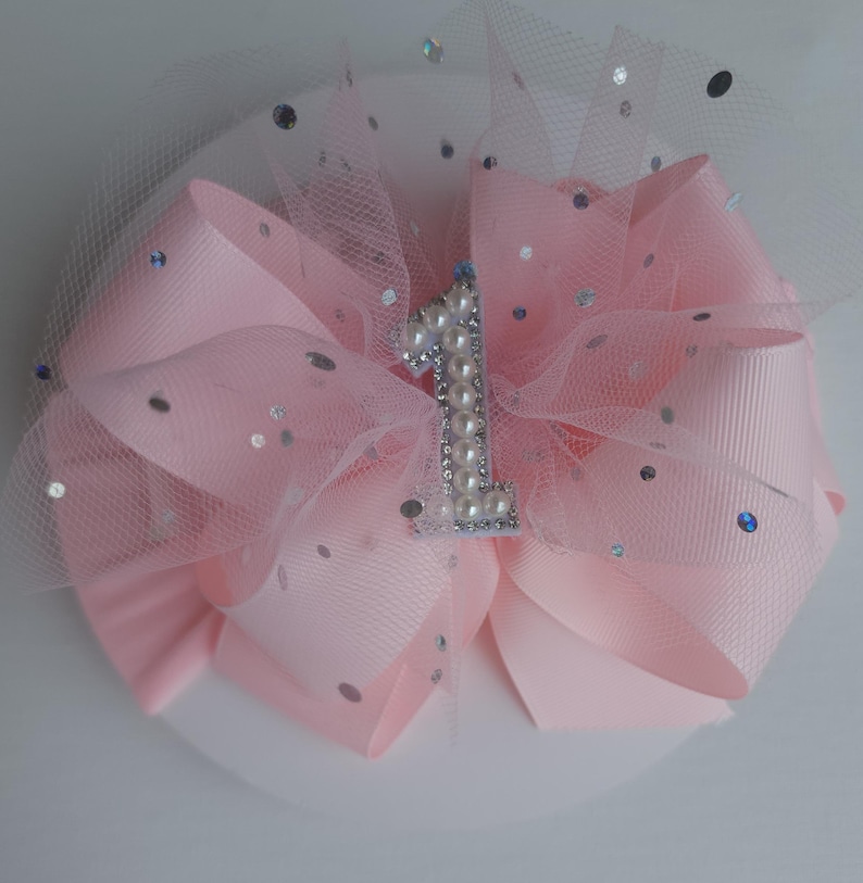 First Birthday Bow: 6-Inch Layered Bow on a nylon headband image 3