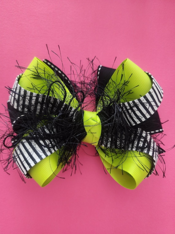 Halloween Hair Bow: Black and White Stripe, Lime Green Accent