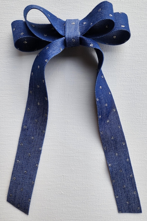 Denim Long bow with silver dots-  Original design!- Limited Quantity