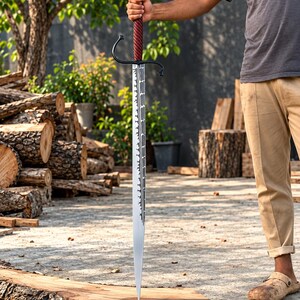 May include: A long sword with a double-edged steel blade featuring a decorative serrated edge pattern. The hilt has a dark, twisted red grip, a black metal crossguard with curved quillons, and a rounded pommel. The sword tip rests on a wood plank.