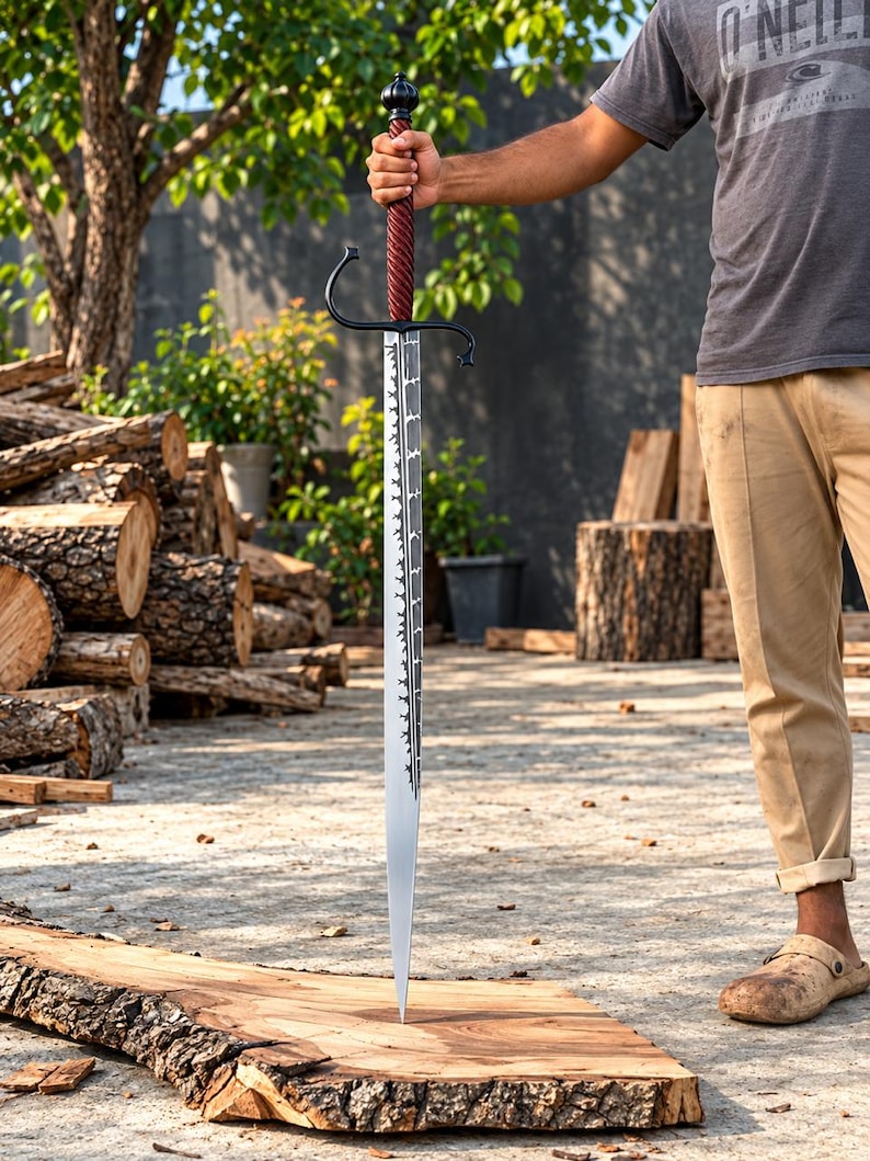 May include: A long sword with a double-edged steel blade featuring a decorative serrated edge pattern. The hilt has a dark, twisted red grip, a black metal crossguard with curved quillons, and a rounded pommel. The sword tip rests on a wood plank.