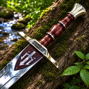 May include: A decorative sword with a polished steel blade and a brown wooden handle. The hilt and guard are gold-colored, and the blade features a brown leather inlay with a trident symbol. The word "WIKKIAS" is inscribed on the guard.