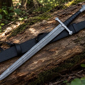 Handmade Damascus Steel Sword - Gift For Christmas Medieval Viking Style with Black Leather Sheath