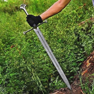 May include: A long, silver sword with a patterned blade and ornate hilt is held against a backdrop of green foliage. The sword's handle and crossguard have decorative elements. The blade appears to be made of steel.