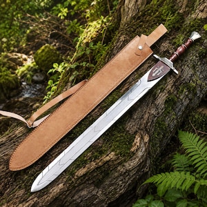 May include: A silver sword with a brown handle and a leather sheath. The sword has a decorative emblem on the blade and is resting on a mossy log. The sheath is tan and has a strap.